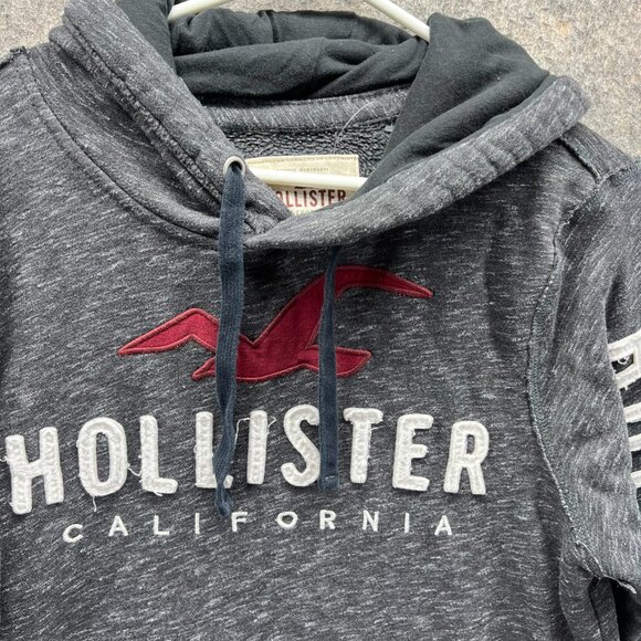 Hollister Sweater Men Small Heather Gray Red Hooded Pullover Cotton Embroidered - Picture 8 of 13